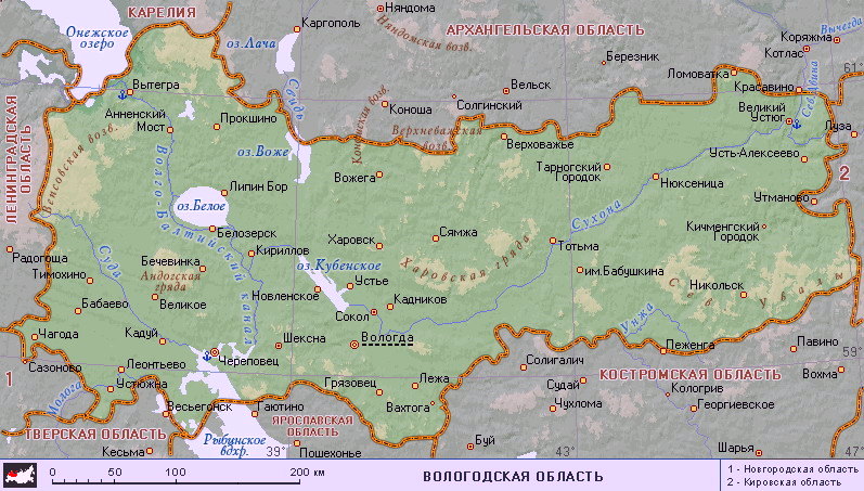 Детальна карта Вологодської області: