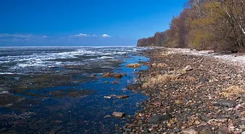 Його велика частина омивається водами водосховища, а його південний край відокремлена від решти суші руслами річок Волга і Шексна, тому фактично це острів