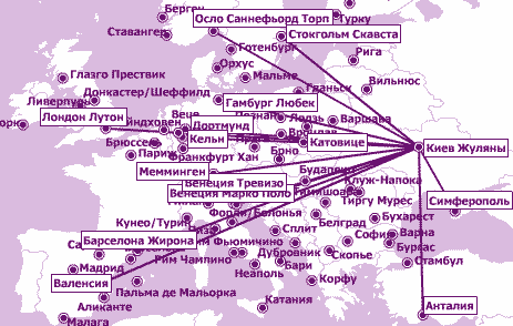 (На малюнку - карта польотів ВіззЕйр з Києва; інтерактивну версію цієї карти см